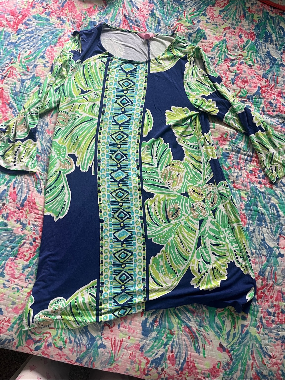 Lilly Pulitzer Blue dress with Green Leaf Print and cold shoulder sleeves